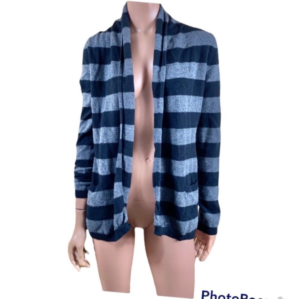 Theory black& gray striped cashmere cardigan sweater L